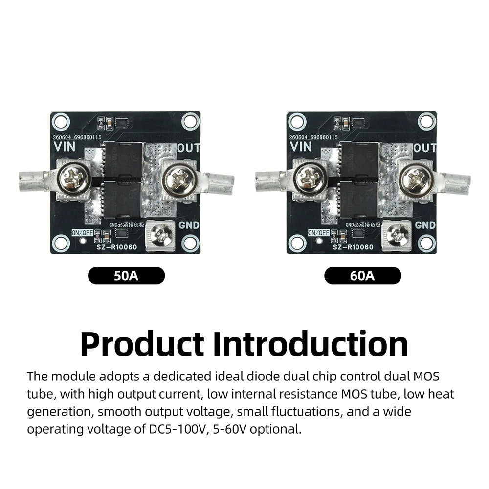 DC 5–100V 50A/60A Ideal Diode Module | Solar & Battery Protection