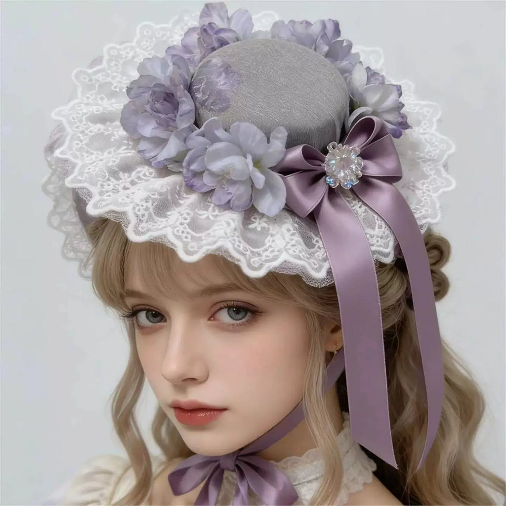 Lolita Floral Lace Mini Hat Fascinator with Lavender Bow