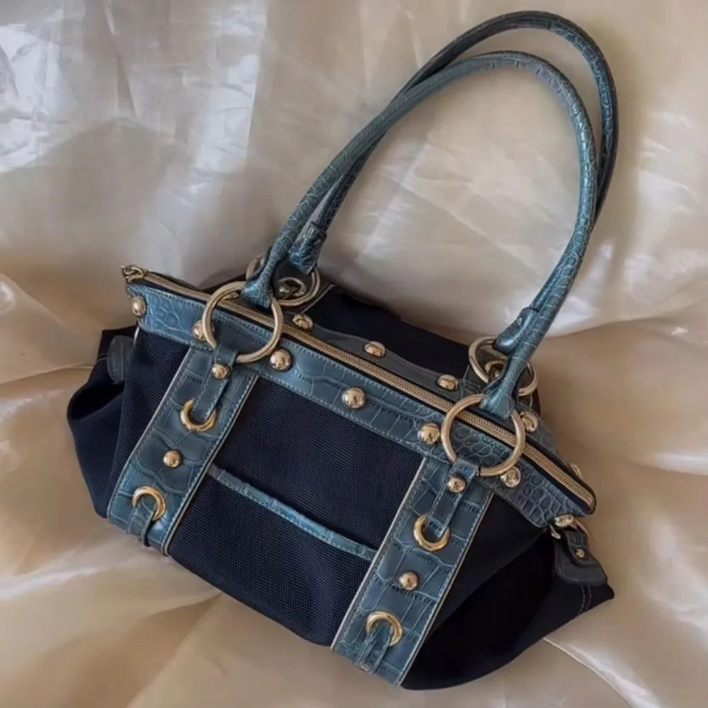 Y2K Patchwork Shoulder Bag | Riveted Large Capacity Tote
