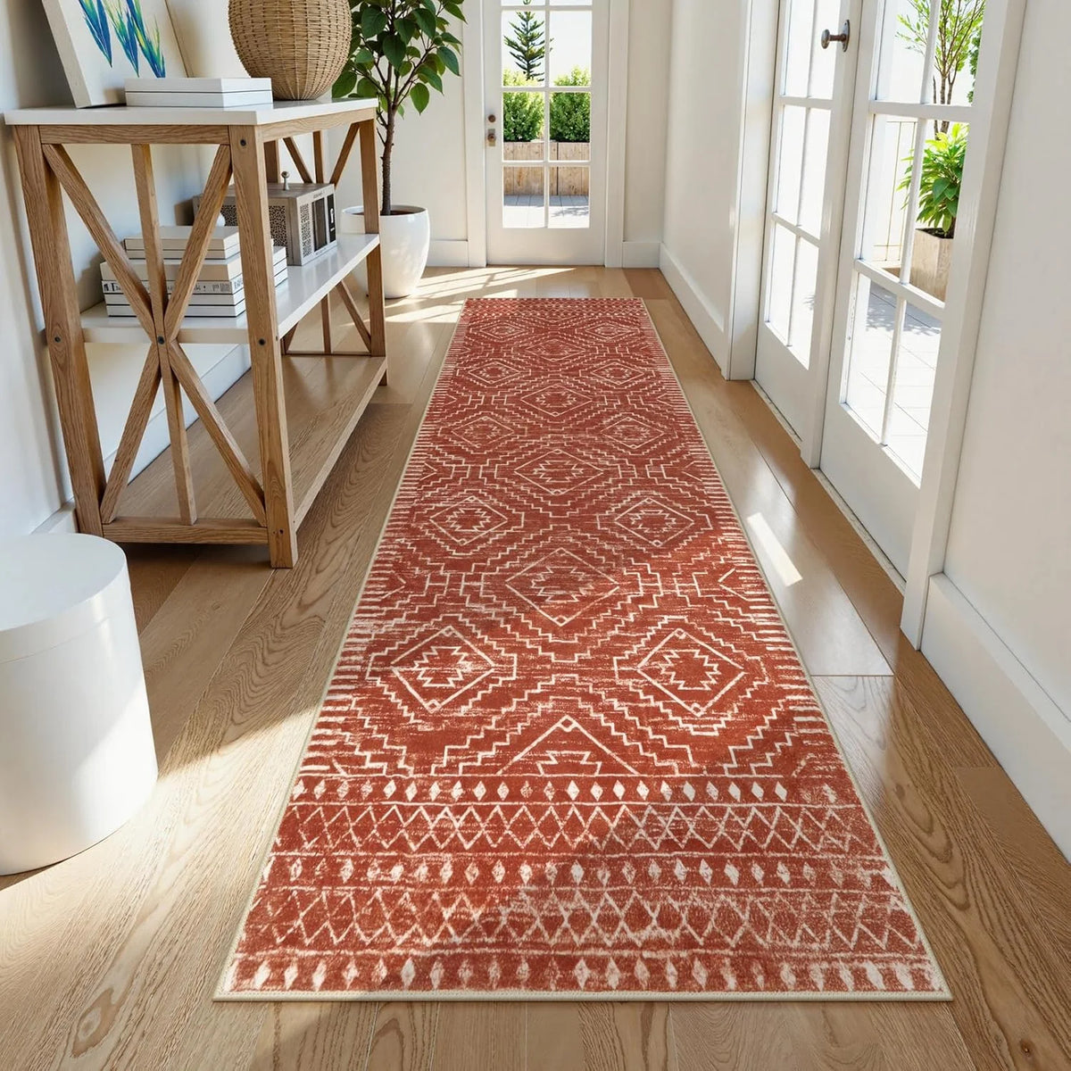 Orange Boho Tribal Runner Rug – Non-Slip Washable Geometric