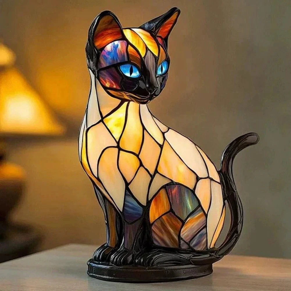 Stained Glass Cat LED Night Light | Resin Tabletop Lamp