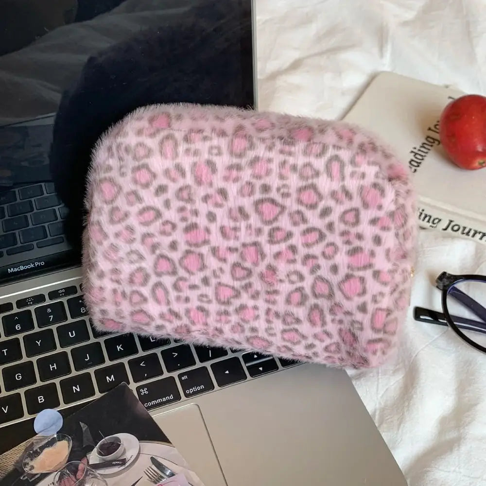 Fuzzy Leopard Print Makeup Bag – Large Capacity Travel Organizer