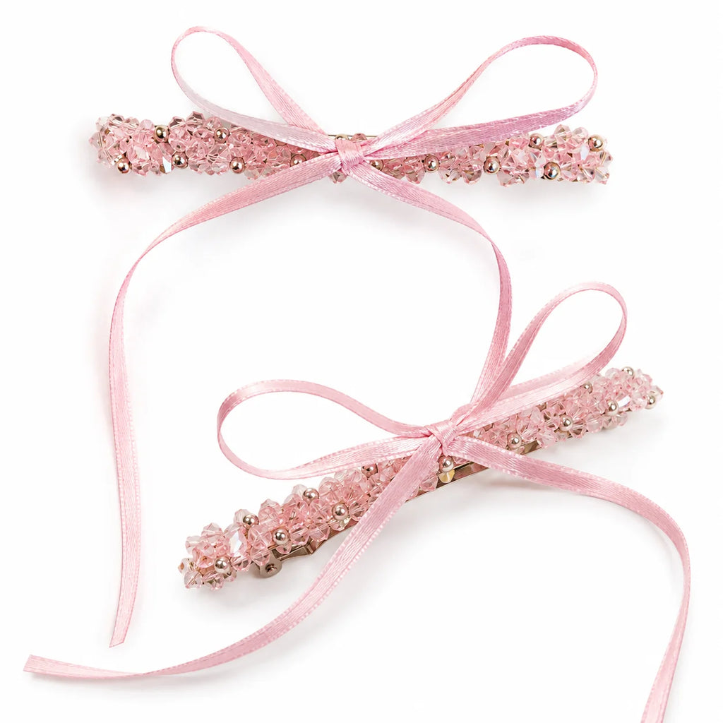 2-Pack Pink Crystal Beaded Bow Hair Clips with Long Ribbons