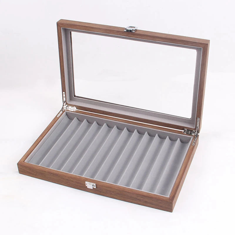 Wood & Glass Pen Display Case – 12-Pen Organizer Box with Lid