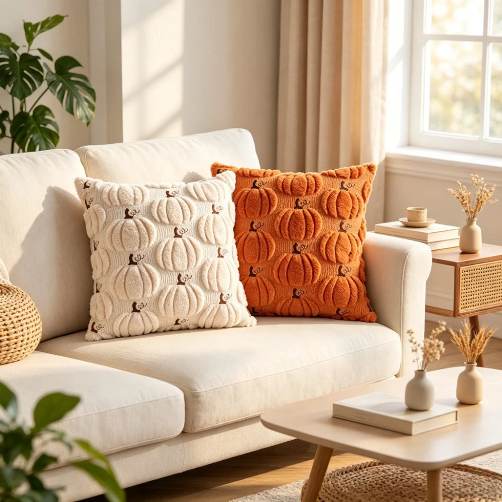 VIKAMA 3D Plush Pumpkin Throw Pillow Cover | Fall Halloween Decor