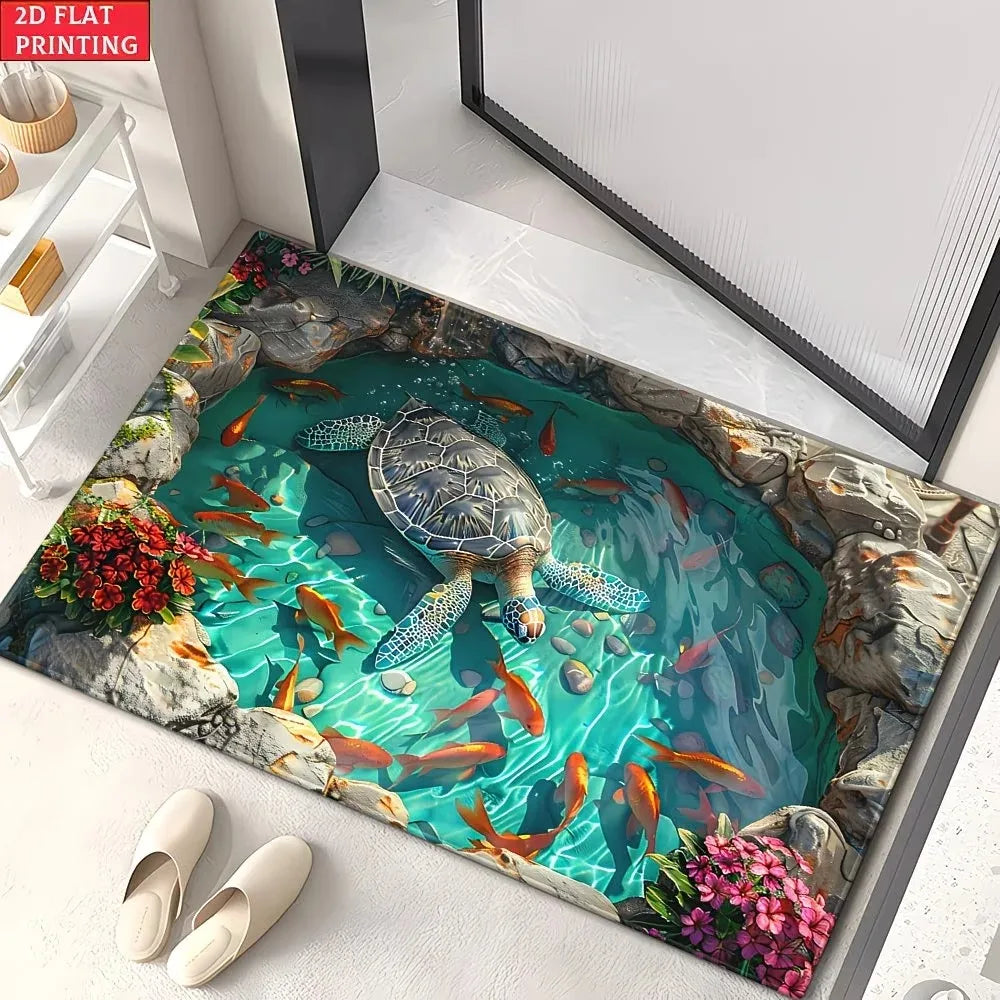 Pond Turtles & Koi Doormat – Washable Polyester Rug | 2 Sizes