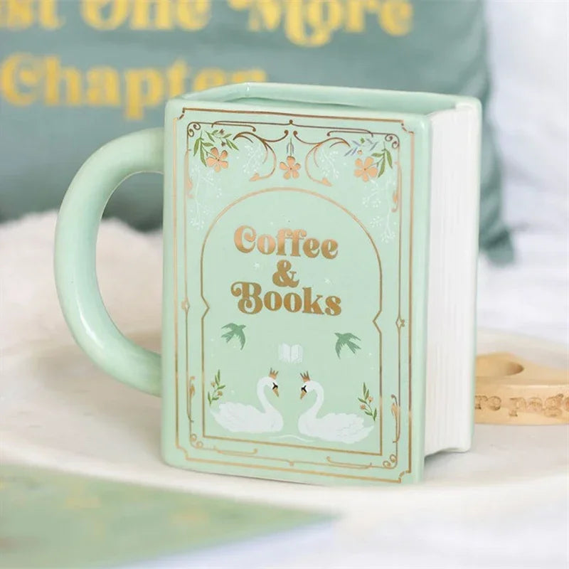 Book-Shaped Ceramic Coffee Mug – Pink, White & Green Gift