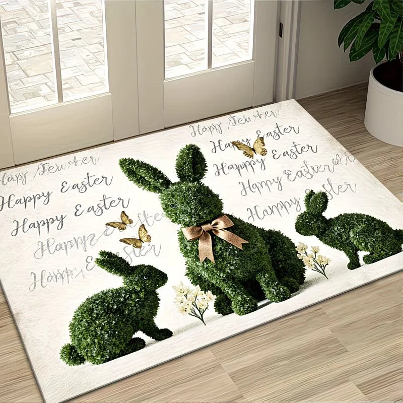 3D Topiary Bunny Easter Door Mat – Non-Slip Rug with Butterflies