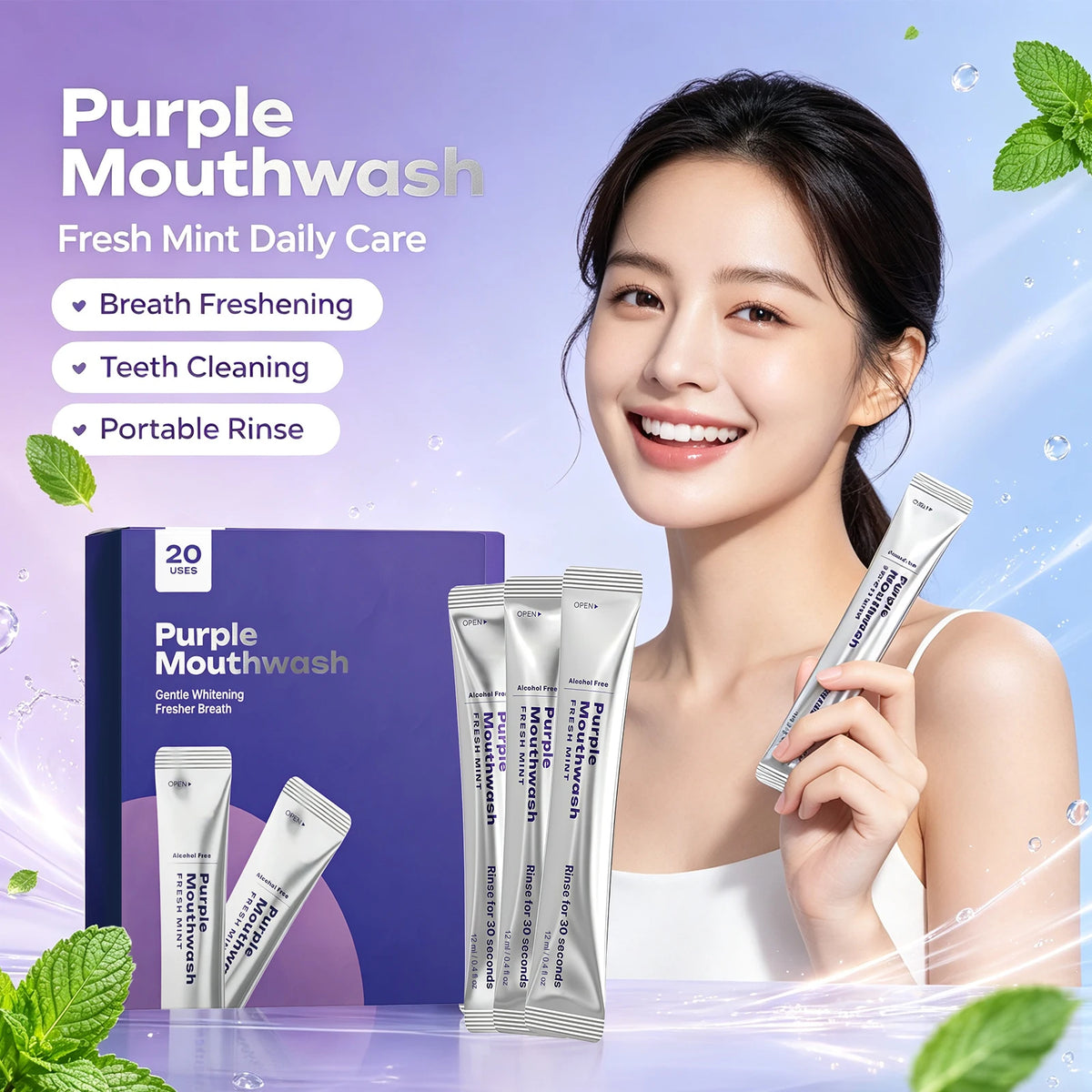 Purple Mint Portable Mouthwash Sachets – Fresh Breath 20PCS