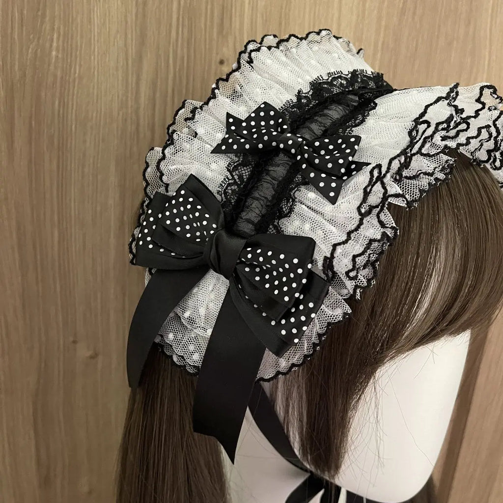 Lolita Lace Headband – Black White Polka Dot Bow Headdress