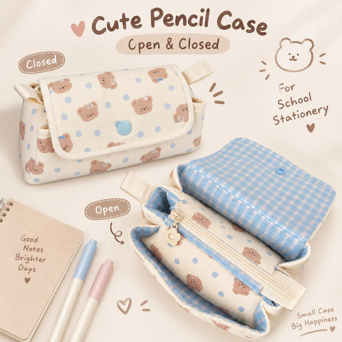 Cute Bear 3-Layer Pencil Case – Large Capacity Fabric Pouch