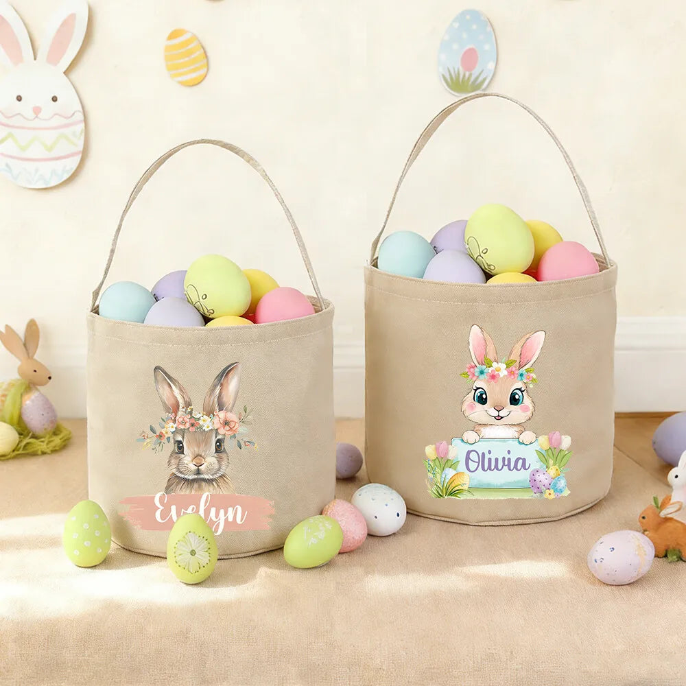 Personalized Easter Basket Bunny Bag – Custom Name Linen Tote