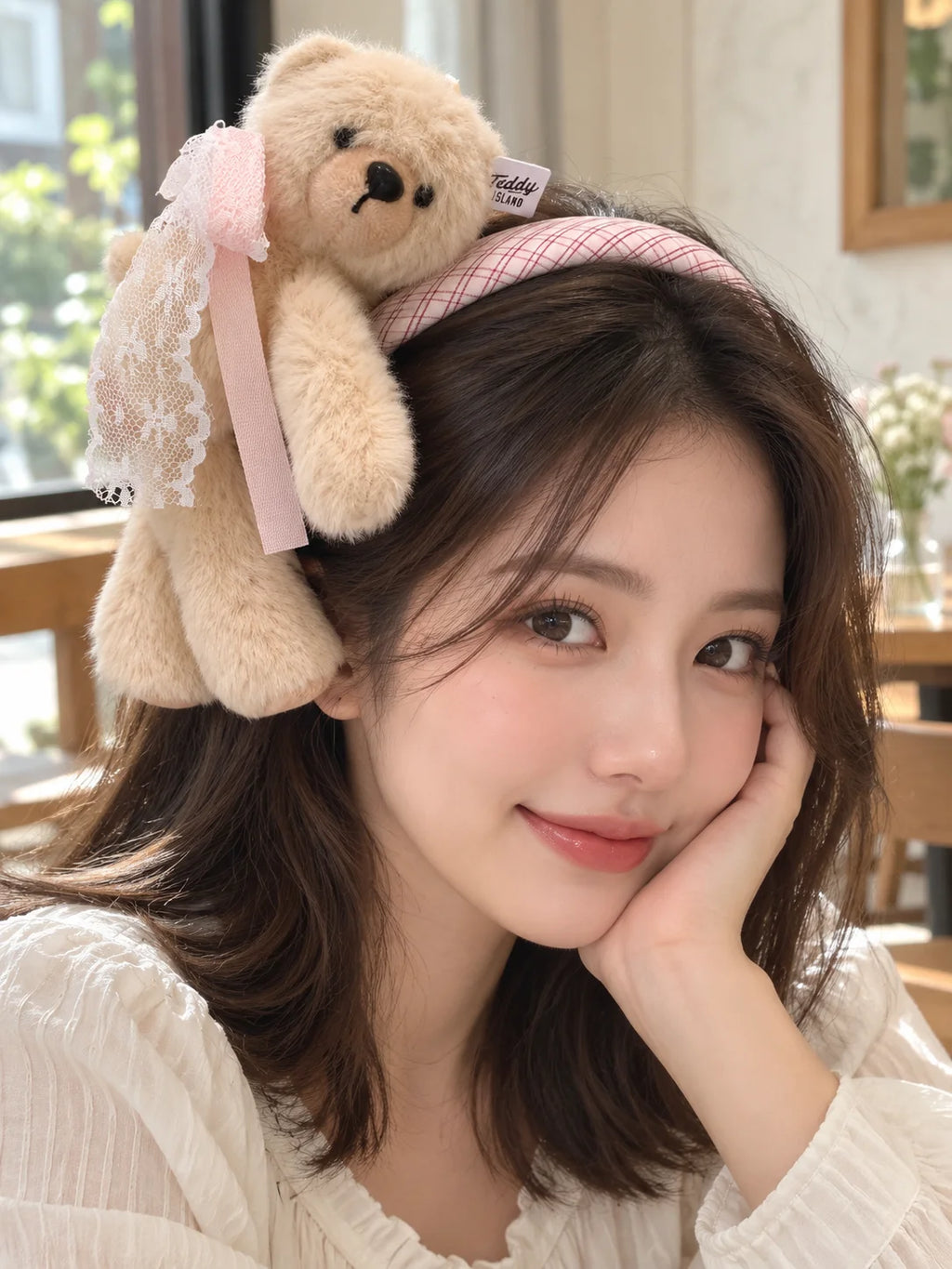 Plush Teddy Bear Headband – Plaid Hair Hoop with Lace Bow