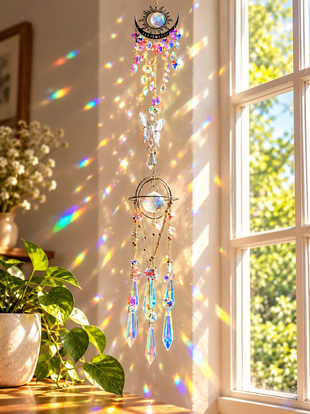 Celestial Sun & Moon Suncatcher Wind Chime | Iridescent Crystal