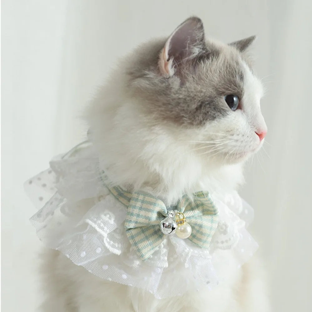 Lace Cat Collar with Bow & Bell – Adjustable Neck Scarf
