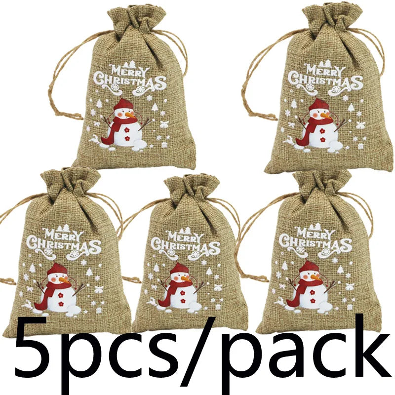 5-Pack Linen Christmas Gift Bags – Apple & Santa Pattern