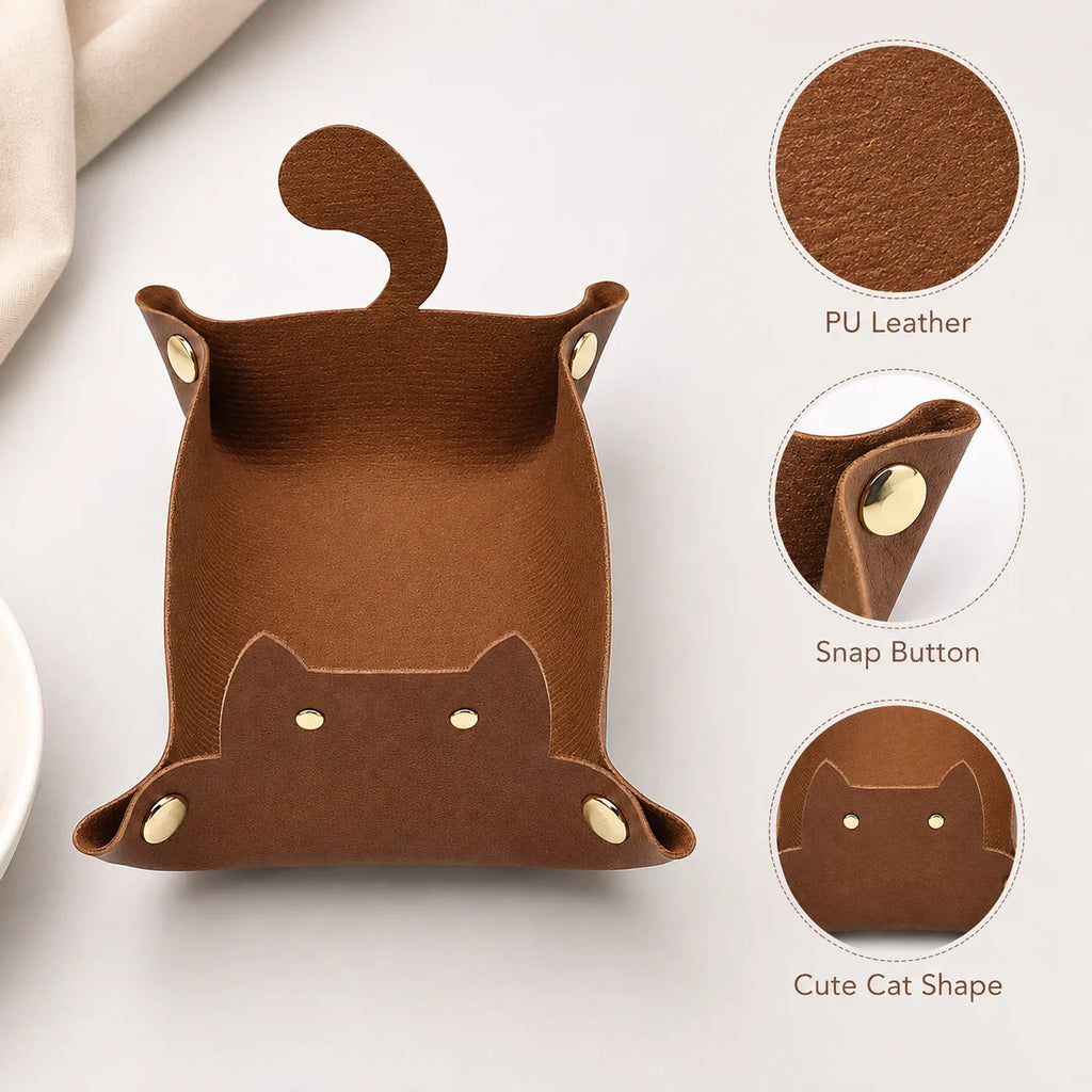 Cute Cat Shaped PU Leather Valet Tray | Foldable Desk Organizer