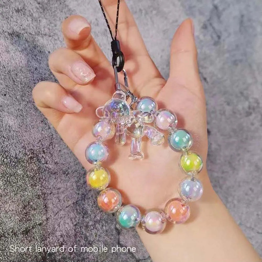 Crystal Macaron Beads Bear Phone Wrist Strap Lanyard
