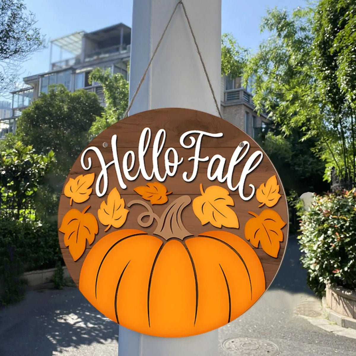 Rustic Autumn Welcome Plaque | Round Wood Hanging Sign