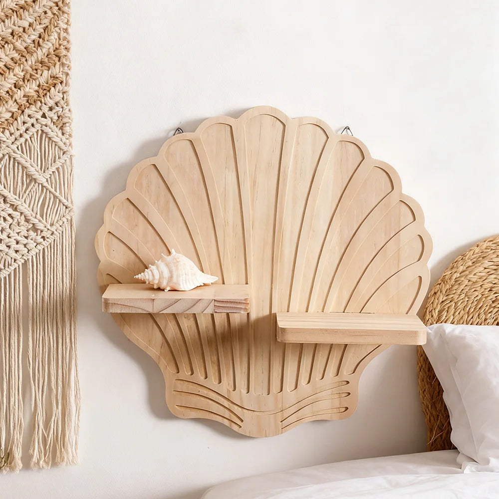 Bohemian Shell Pine Wood Wall Flower Pot Rack | Boho Décor