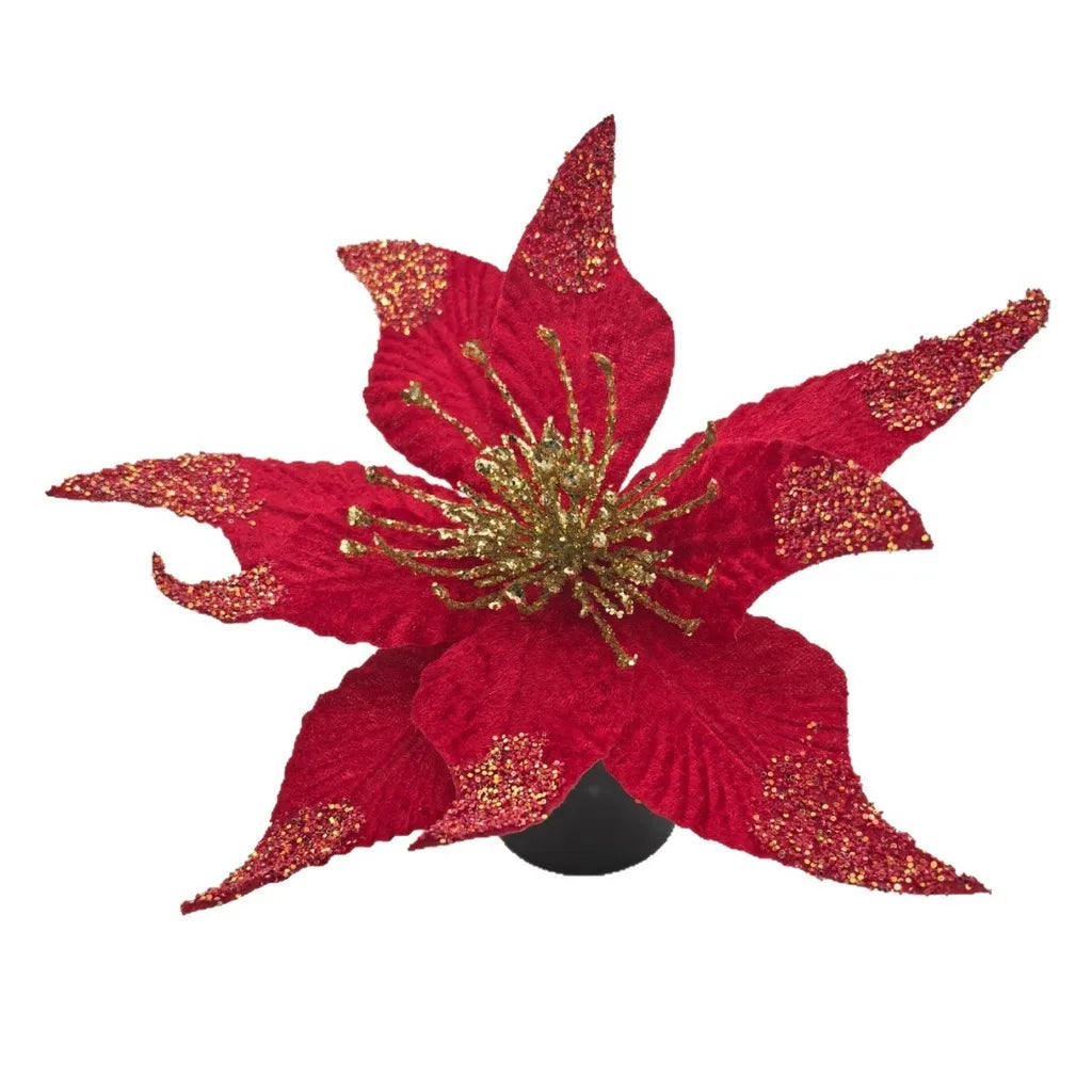 Velvet Flocked Glitter Artificial Christmas Flower Stem