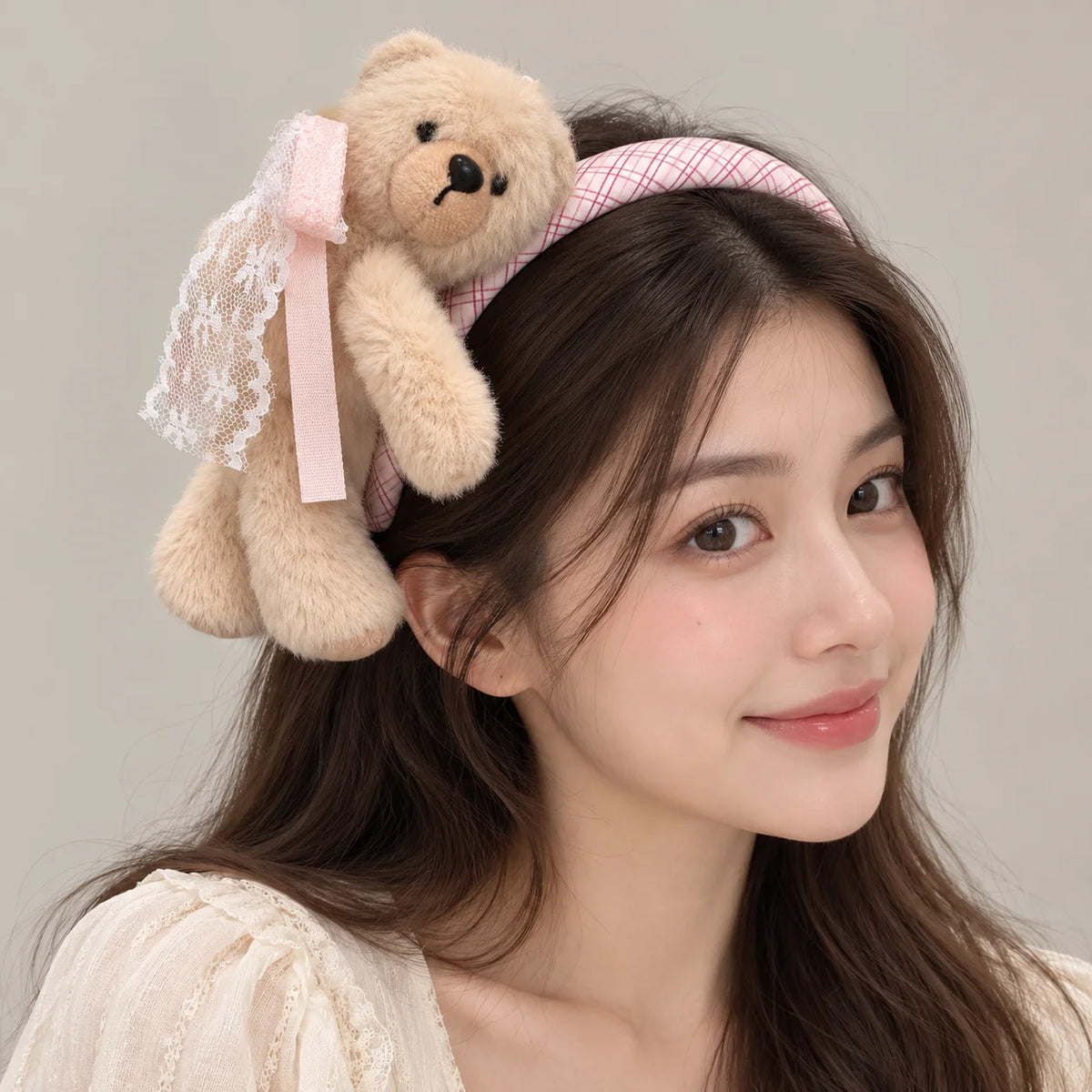 Plush Teddy Bear Headband – Plaid Hair Hoop with Lace Bow
