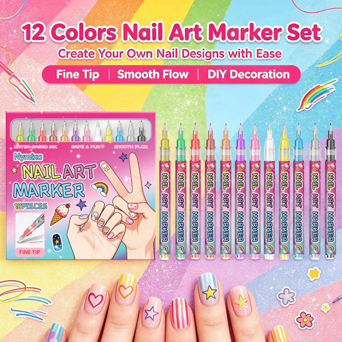 Nymixa 12-Color Nail Art Marker Pen Set – Fine Tip Quick Dry