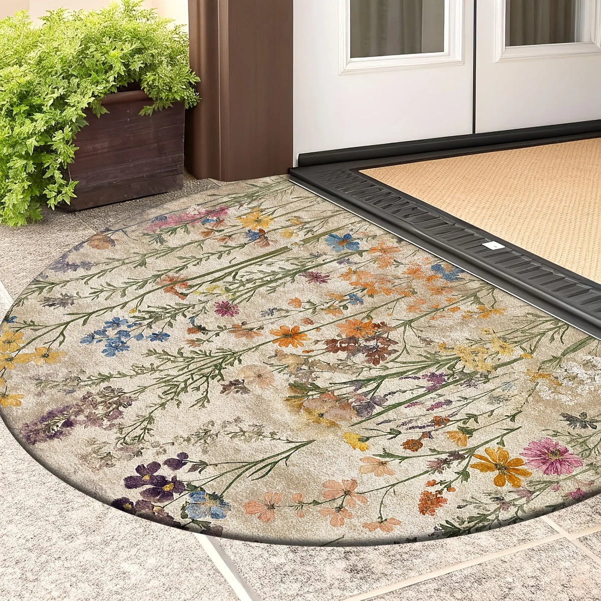 Wildflower Half Round Door Mat – Non-Slip Felt Entrance Rug