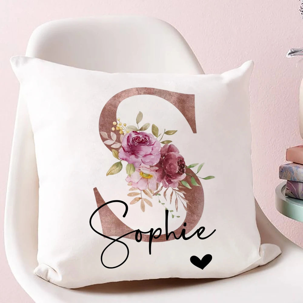 Personalized Initial Flower Pillowcase | Custom Name Cushion Cover