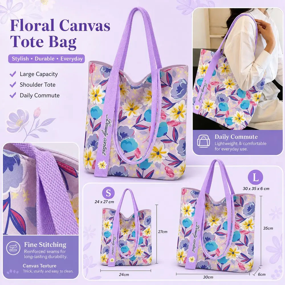 Floral Canvas Tote Bag – Large Reusable Shoulder Bag for Women