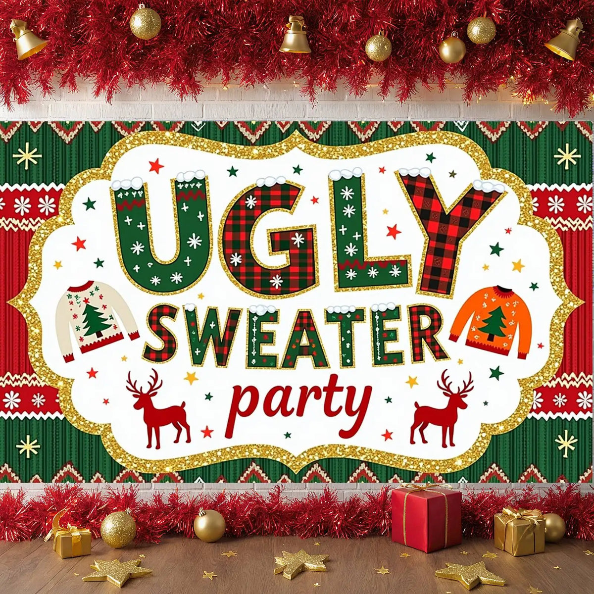 Ugly Sweater Reindeer Holiday Banner – Festive Party Decor