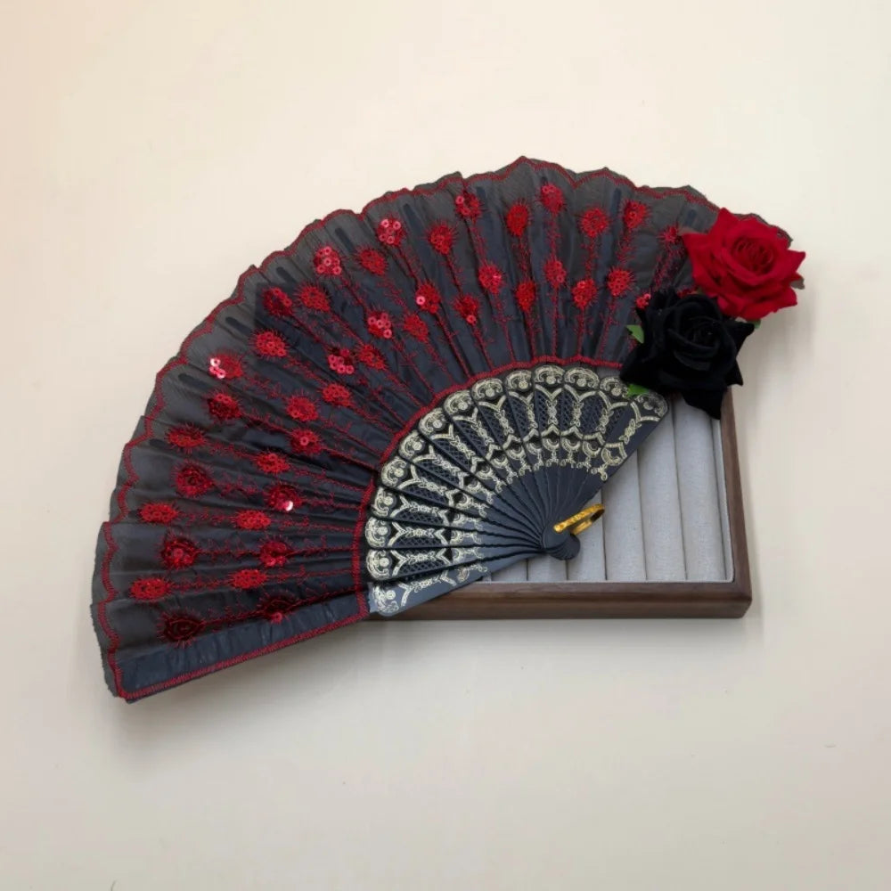 Sequin Embroidered Rose Folding Fan with Tassel – Vintage Style