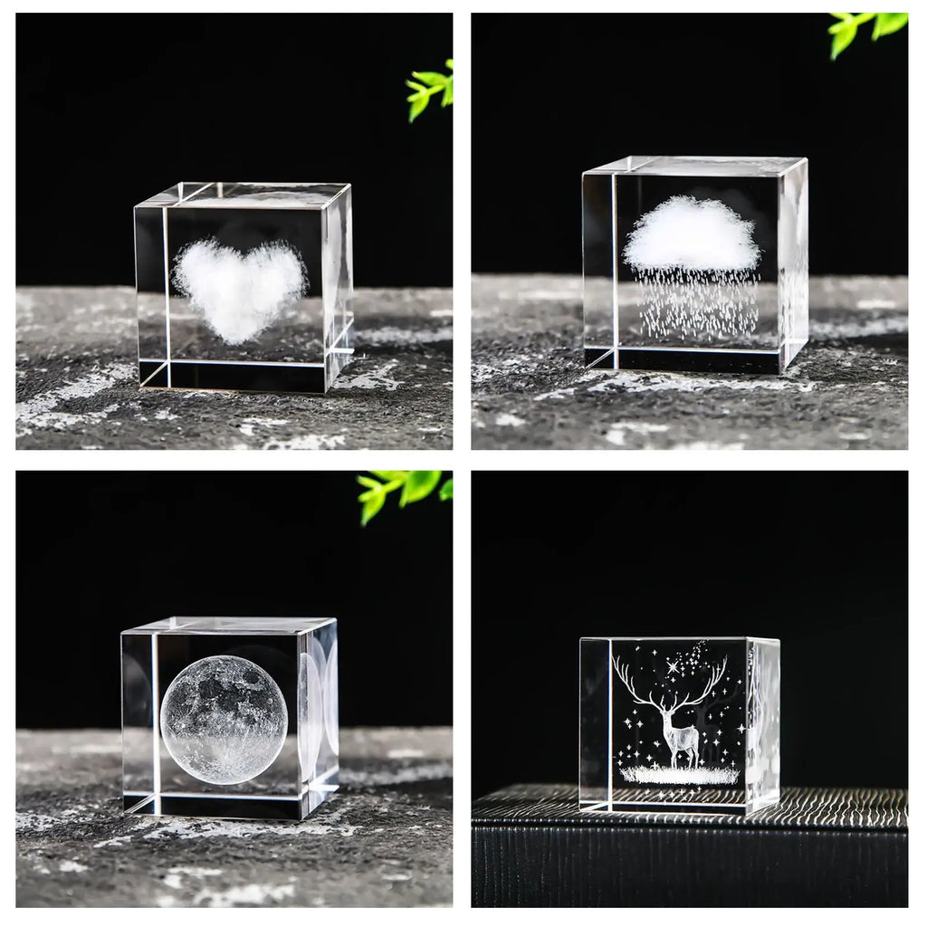 3D Engraved Crystal Cube Glass Figurine Paperweight Gift Decor