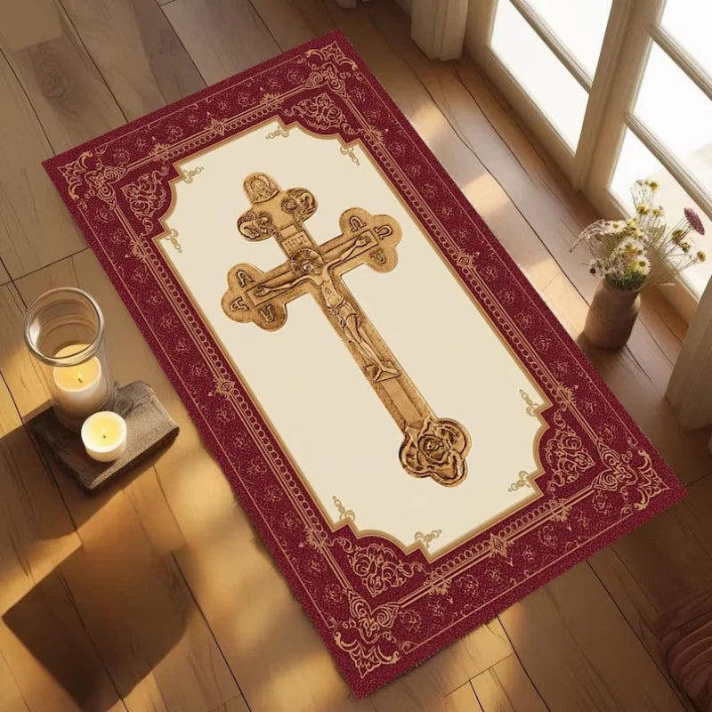 Orthodox Cross Prayer Rug | Floral Byzantine Art Christian Mat