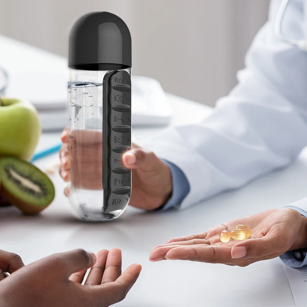 2-in-1 Water Bottle & Pill Organizer – BPA-Free Sports Bottle