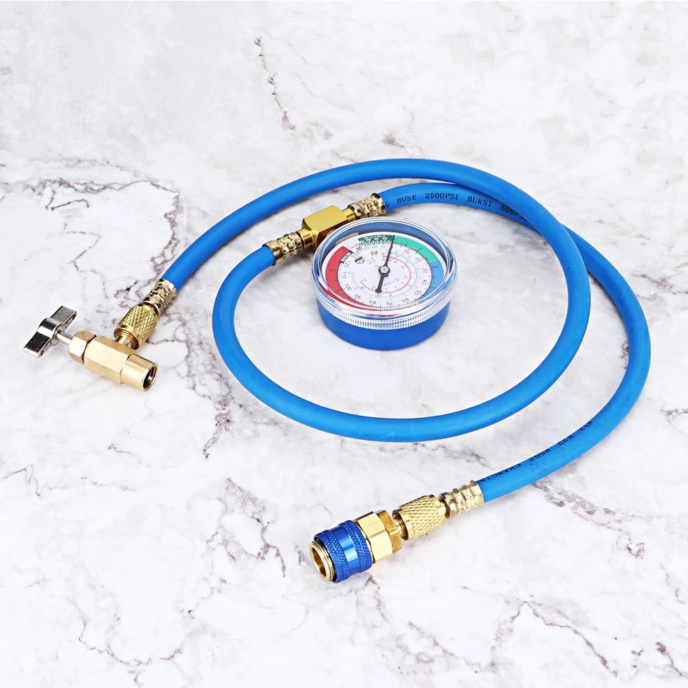 R134a Refrigerant Charging Hose with Pressure Gauge & Fittings