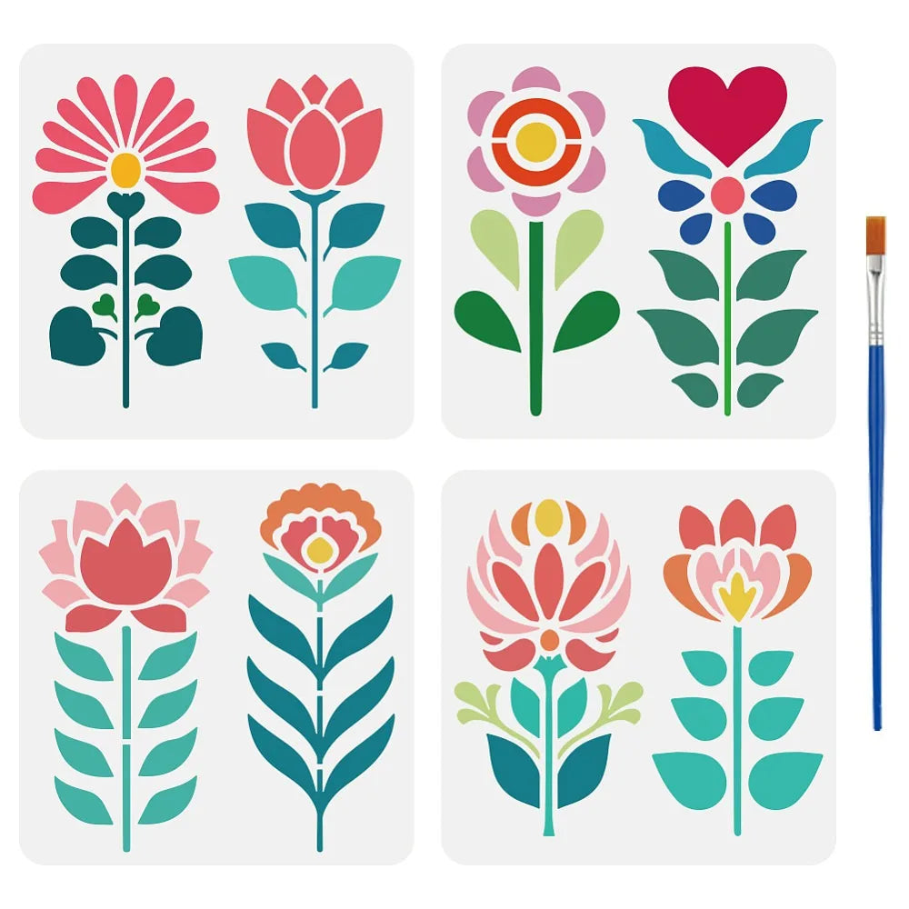 4PCS Folk Art Flower Stencils with Brush – Reusable 5.9"