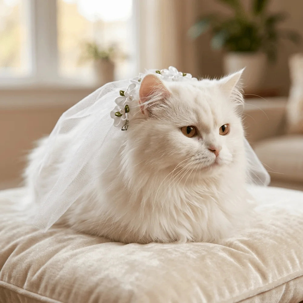 White Tulle Dog Bridal Veil – Soft Lace Floral Pet Headdress