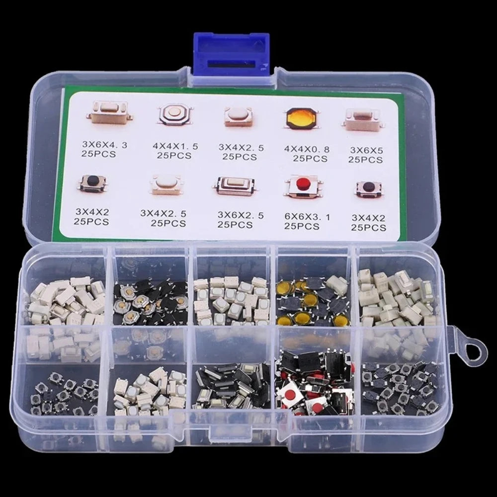 250-Piece Tactile Push Button Microswitch Set – 10 Types