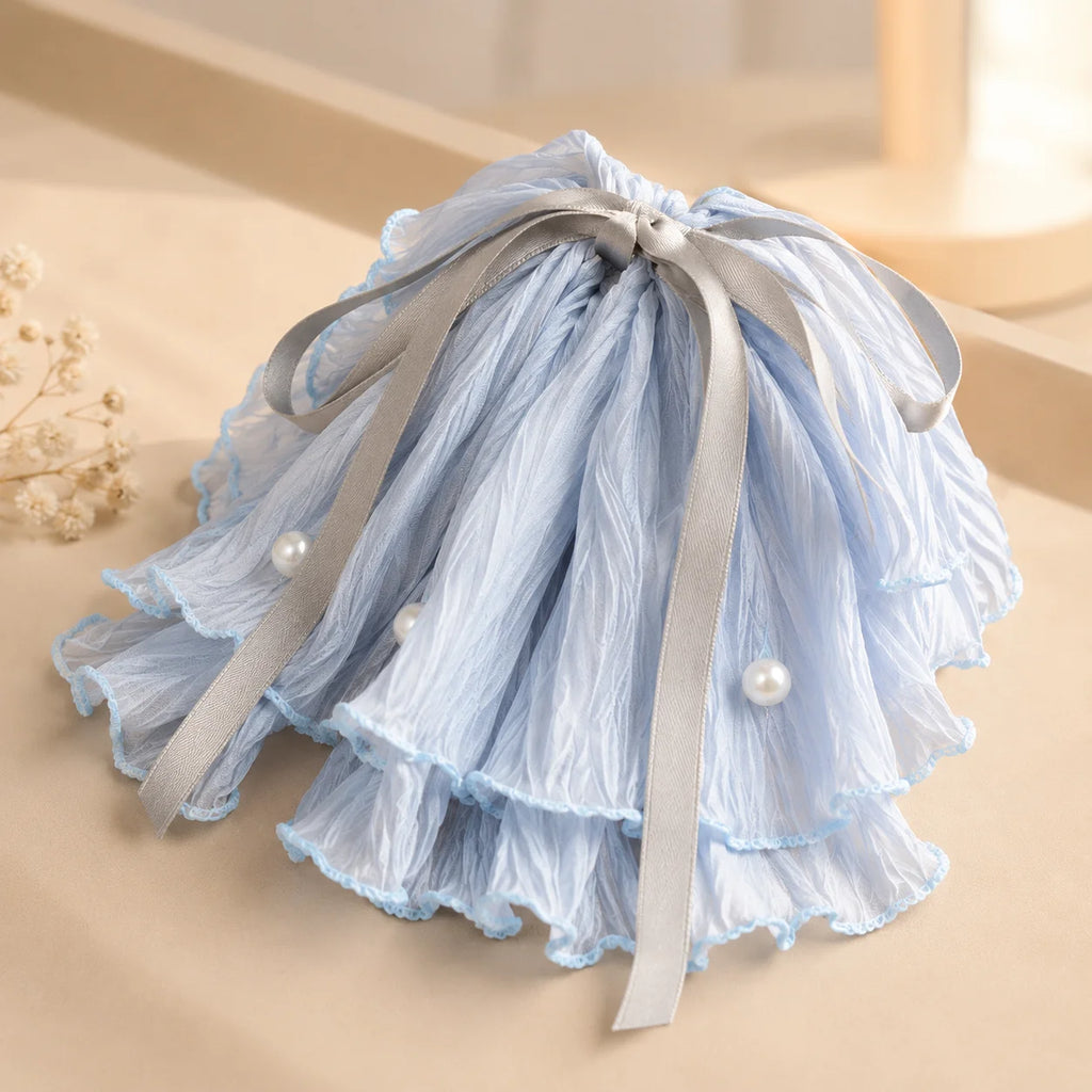Blue Ruffle Bow Hair Clip with Pearl Decor | Elegant Barrette