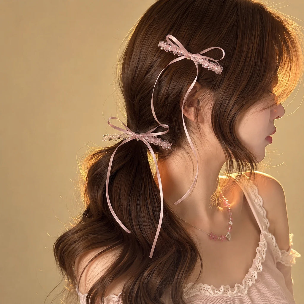 2-Pack Pink Crystal Beaded Bow Hair Clips with Long Ribbons