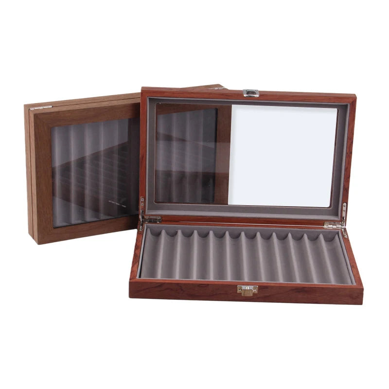 Wood & Glass Pen Display Case – 12-Pen Organizer Box with Lid