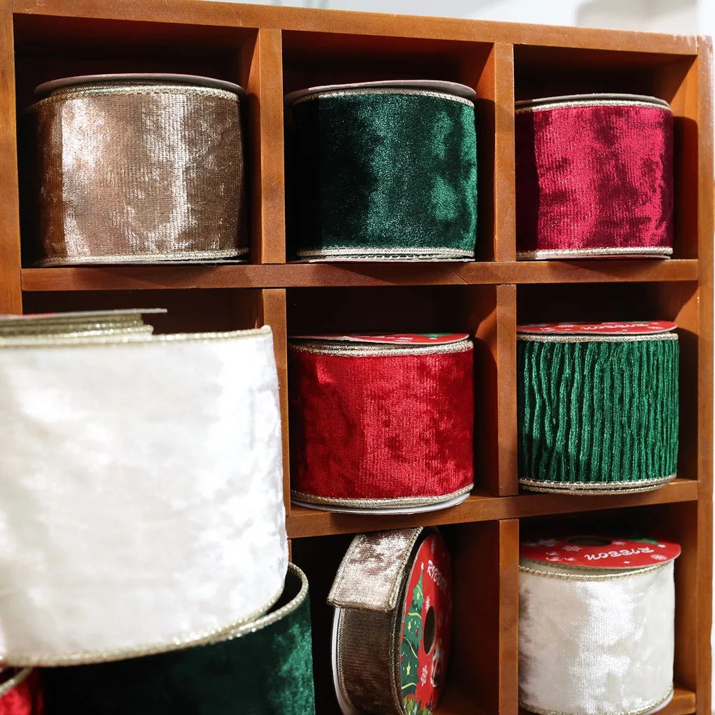 Gold Trim Wired Velvet Ribbon for Christmas Wreaths & Gifts
