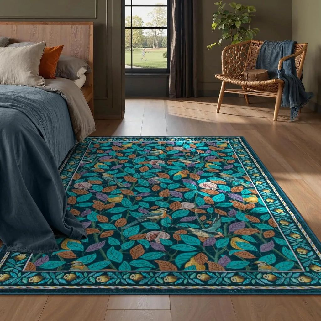 Vintage Botanical Bird Print Area Rug | Non-Slip Washable Mat