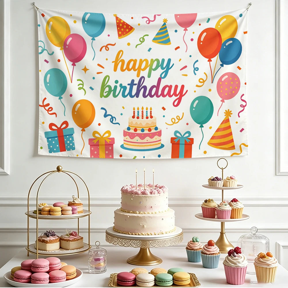Happy Birthday Cherry Print Tapestry – Party Wall Hanging