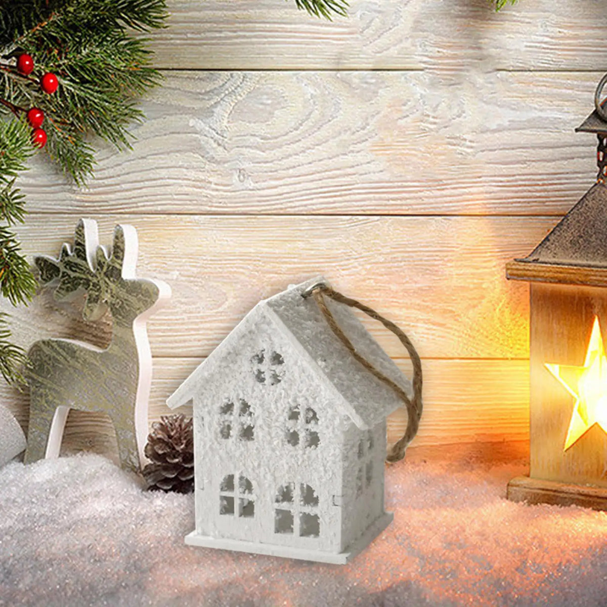 Wooden Snow House Christmas Ornament – Holiday Tree Pendant