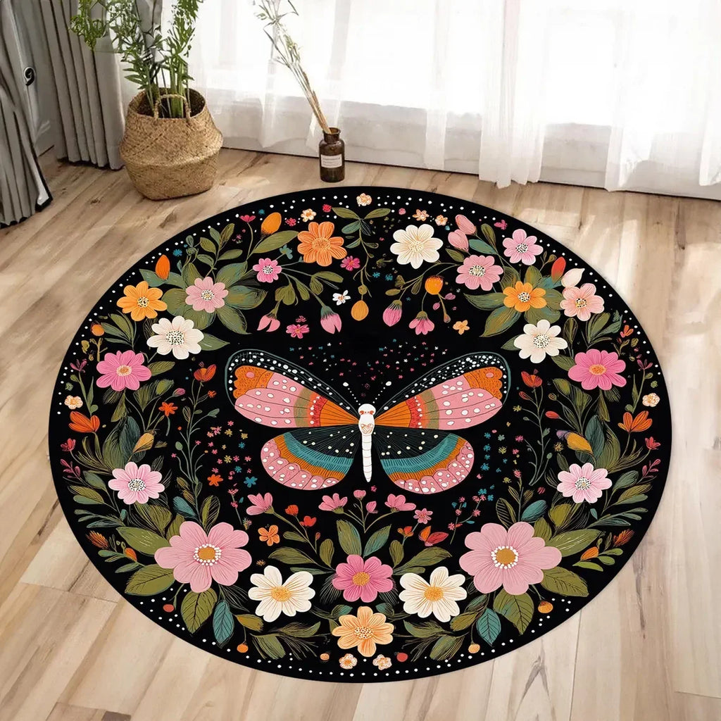 Butterfly Floral Round Area Rug – Anti-Slip Flannel Floor Mat