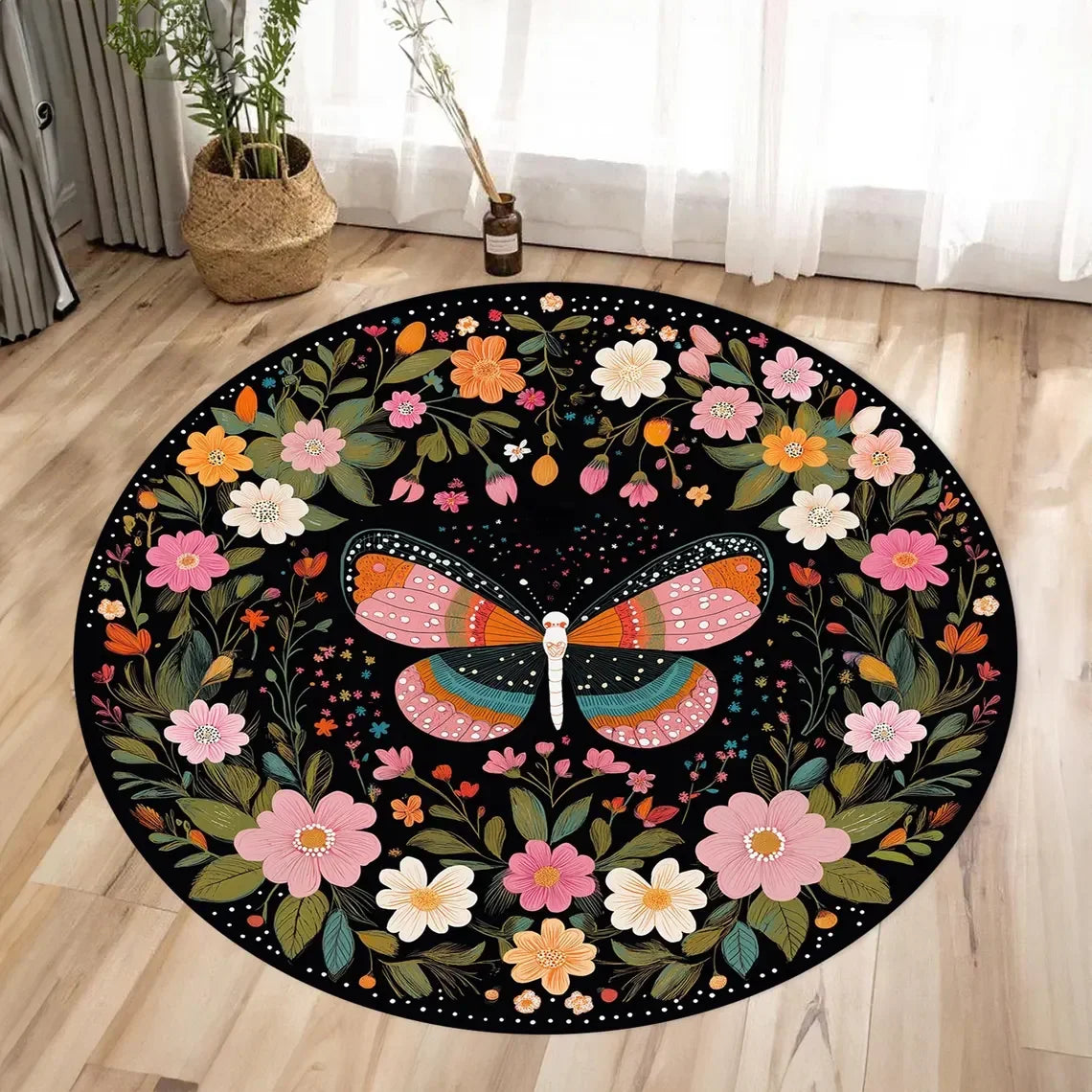 Butterfly Floral Round Area Rug – Anti-Slip Flannel Floor Mat