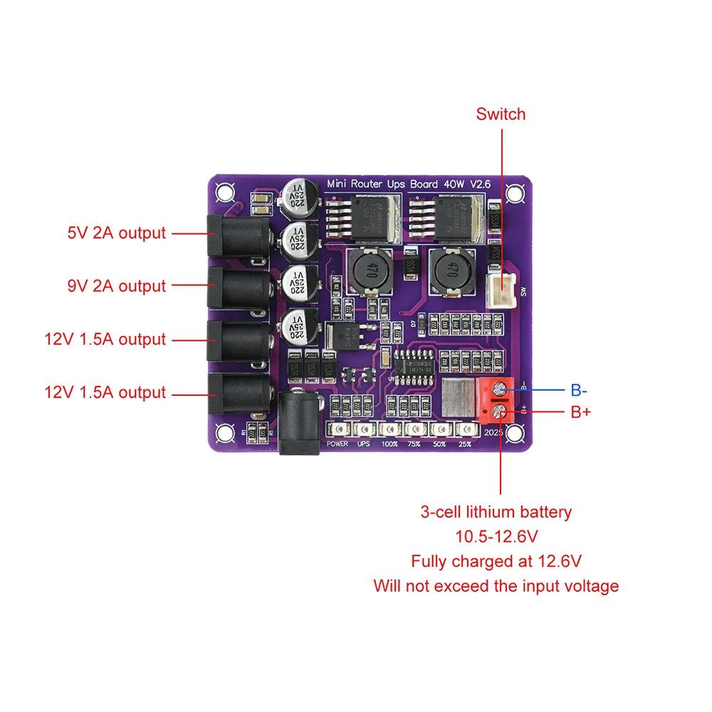 40W UPS Power Module 12.6V | 4-Port Battery Backup Board