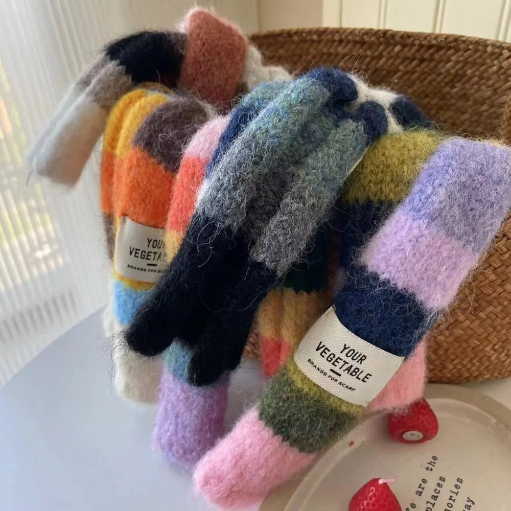 Y2K Rainbow Stripe Knitted Scarf – Slim Colorful Winter Scarf